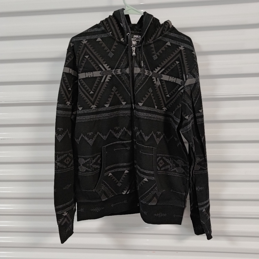 Polo Ralph Lauren Performance Charcoal Black Gray Aztec Print Hoodie Men’s XL